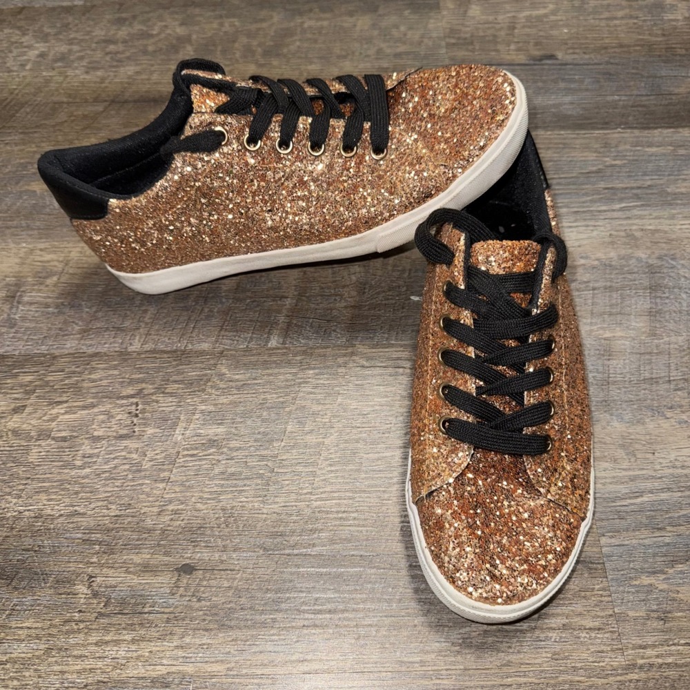 Ideal Shoes Womens Rose Gold Glitter Sneakers Low Top Lace Up Sparkly Shoes 10.5